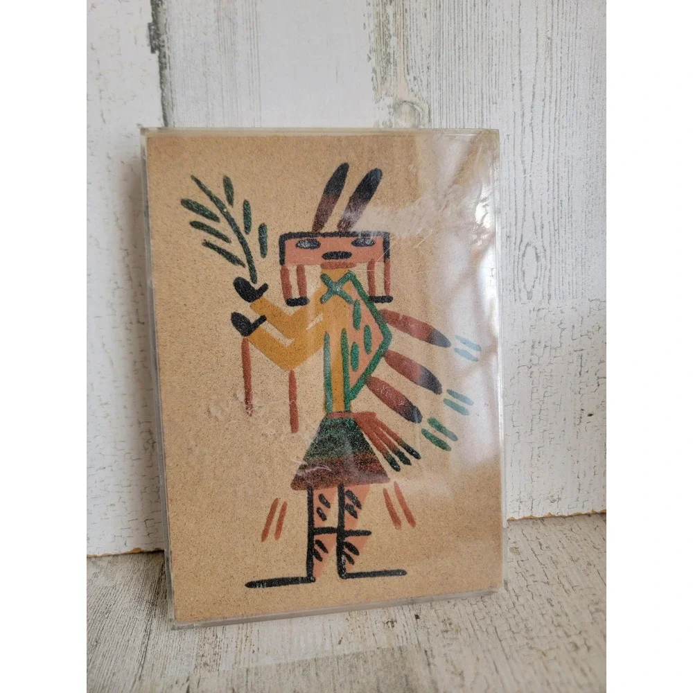 Vintage Navajo sand painting hunched back people signed art home decor